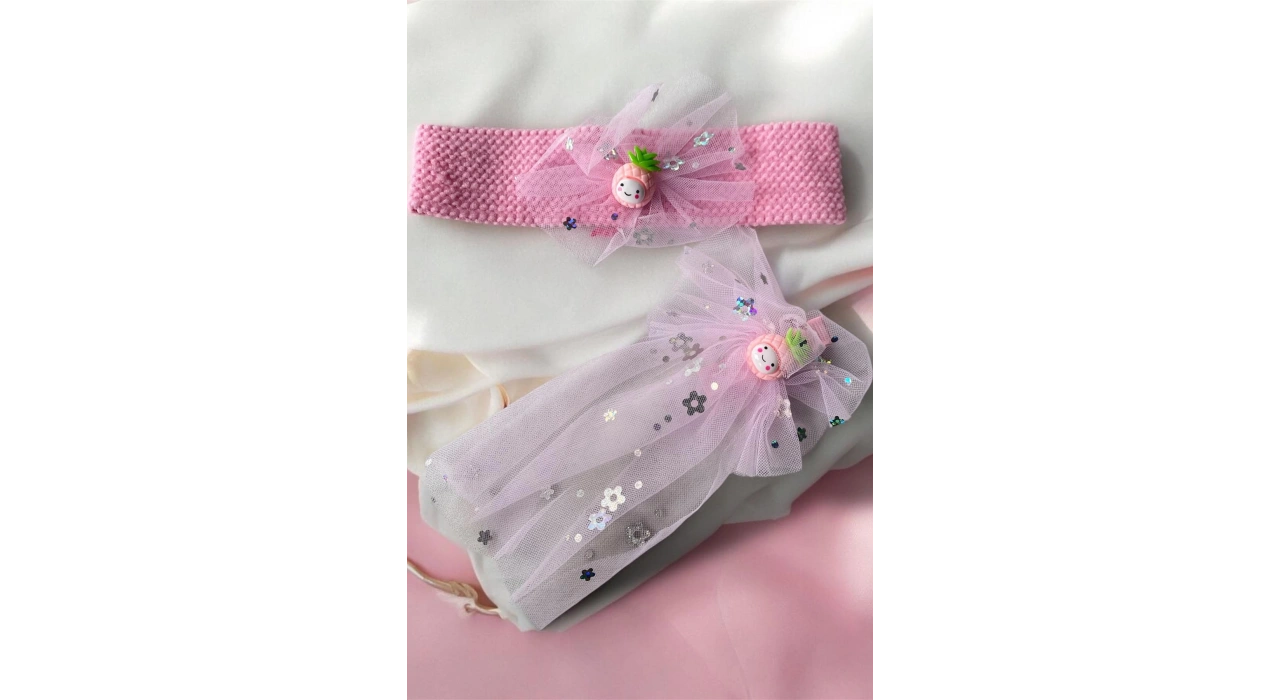 Pembe Renk Ananas Figürlü Yan Toka Ve Saç Bandı Set