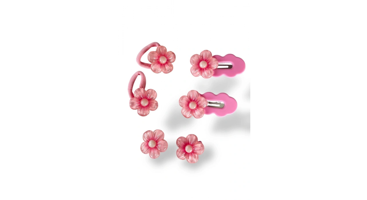 Pembe Renk Çiçek Figürlü Lastik, Yan Toka Set
