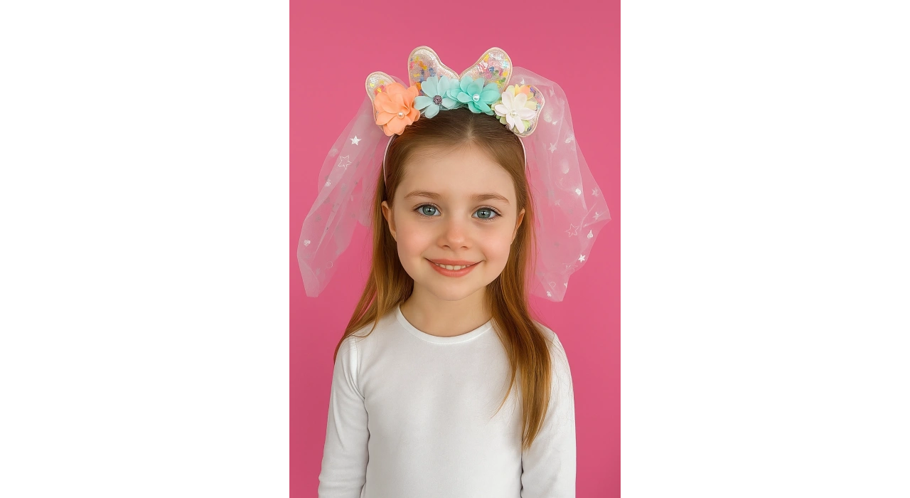 Pembe Renk Çiçek Figürlü Tül Detaylı Taç