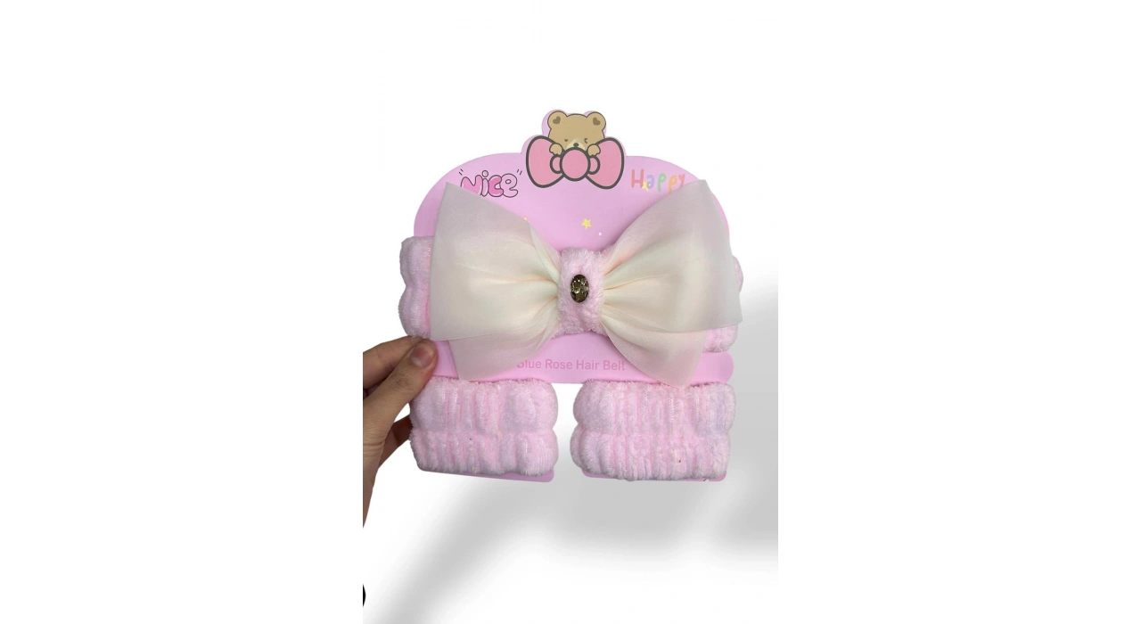 Pembe Renk Fiyonk Detaylı Su Emici Havlu Bileklik Saç Bandı