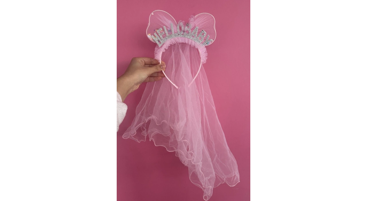 Pembe Renk Hello Baby Yazılı Tül Detaylı Taç