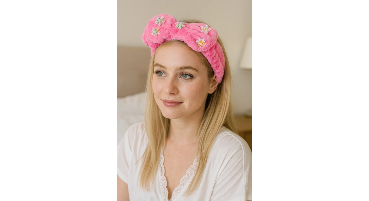 Pembe Renk Kurdele Figürlü Çiçek Detaylı Peluş Saç Bandı