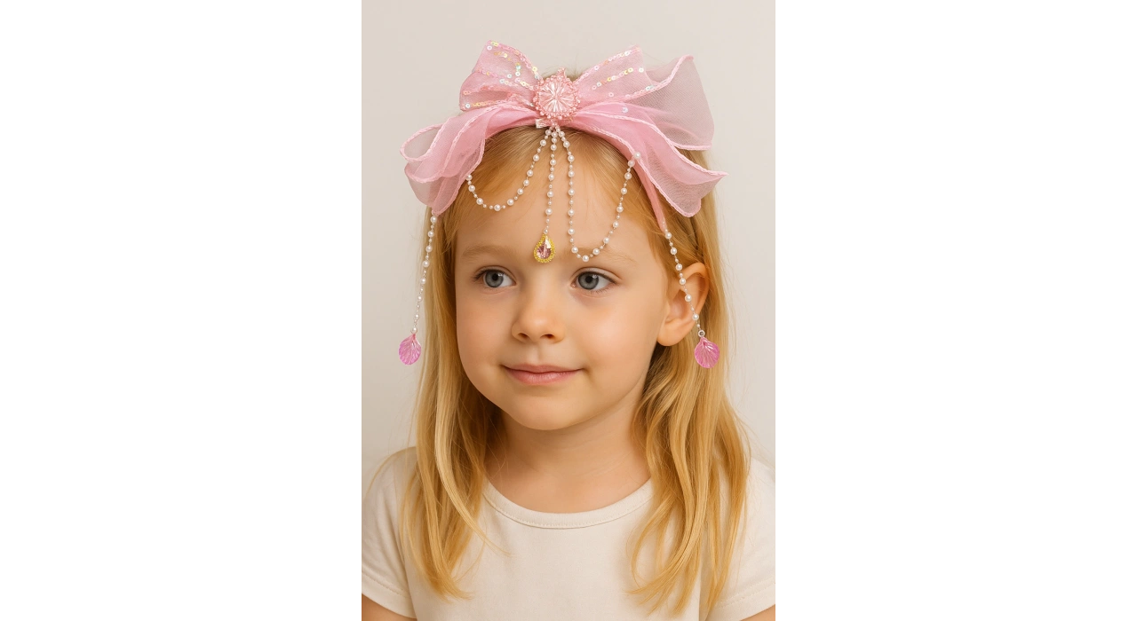 Pembe Renk Kurdele Figürlü İnci Detaylı Çocuk Taç
