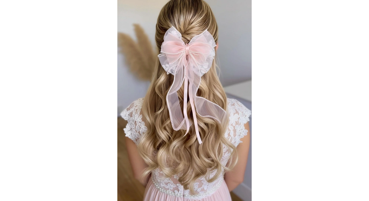 Pembe Renk Kurdele Figürlü İnci Detaylı Otomat Toka