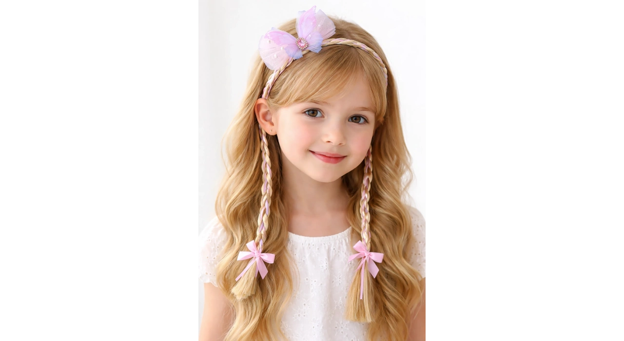 Pembe Renk Kurdele Figürlü Örgülü Çocuk Taç