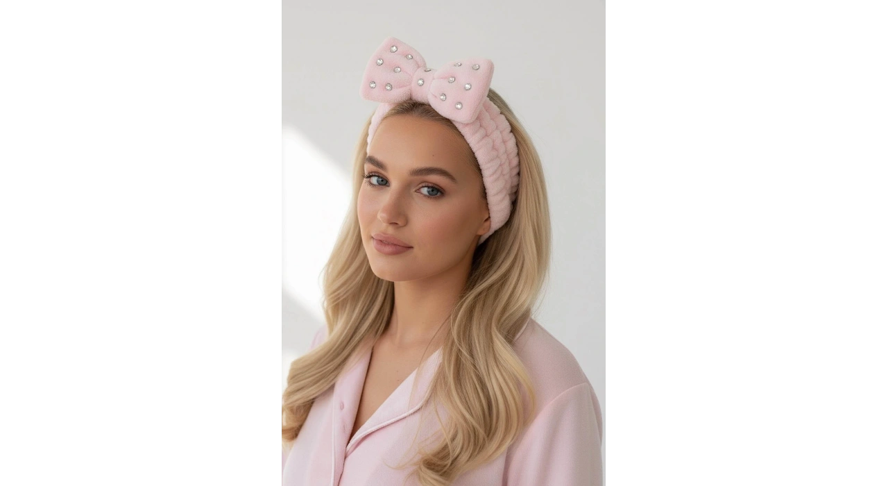 Pembe Renk Kurdele Figürlü Taş Detaylı Peluş Saç Bandı