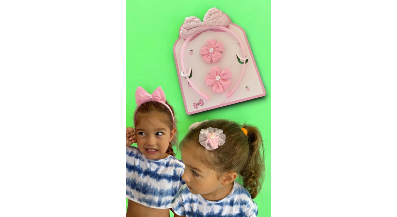 Pudra Renk Kurdele Figürlü Taç Ve Yan Toka Set