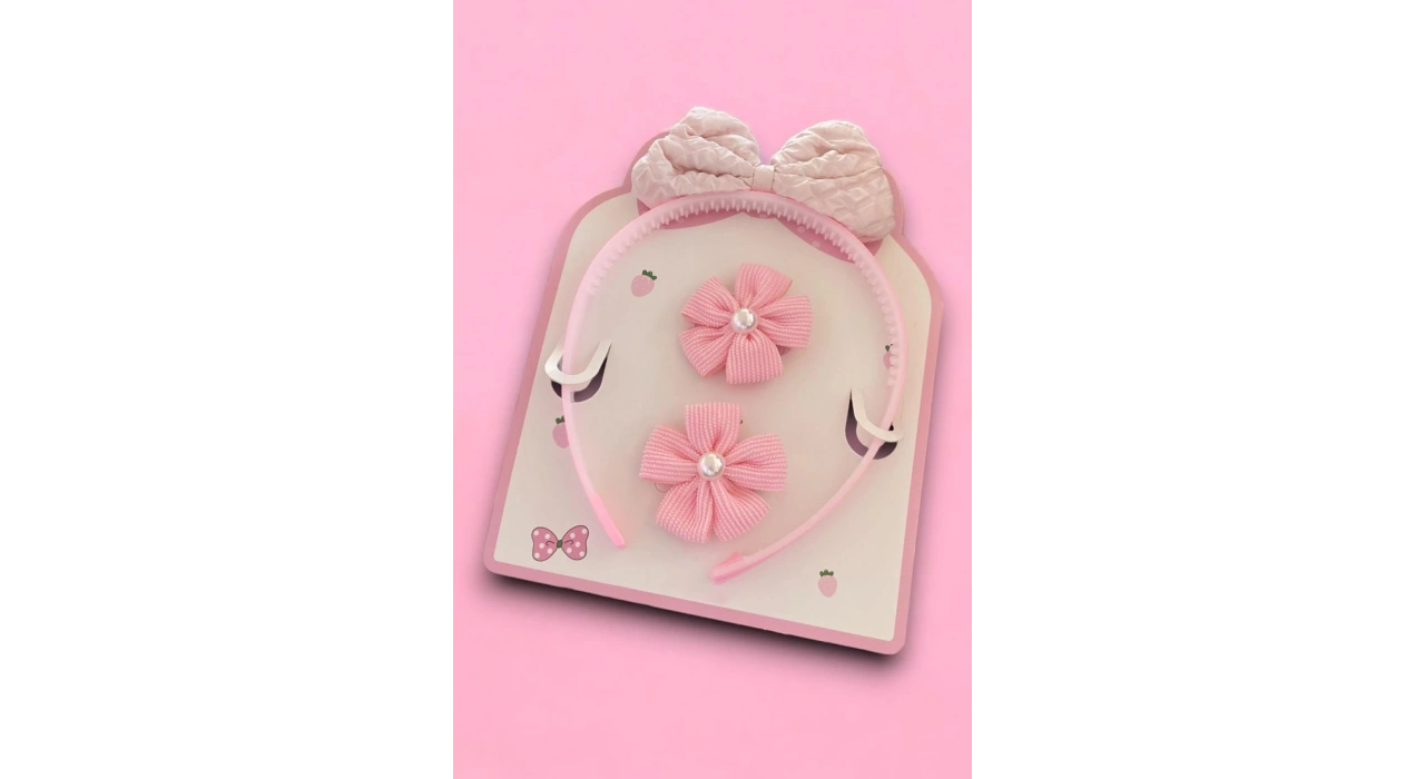 Pudra Renk Kurdele Figürlü Taç Ve Yan Toka Set