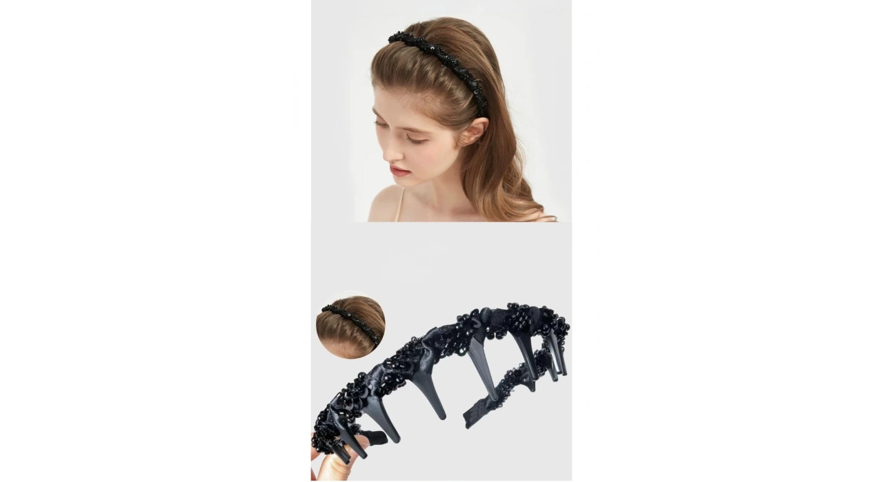 Siyah Renk Boncuk Detaylı Taraklı Taç