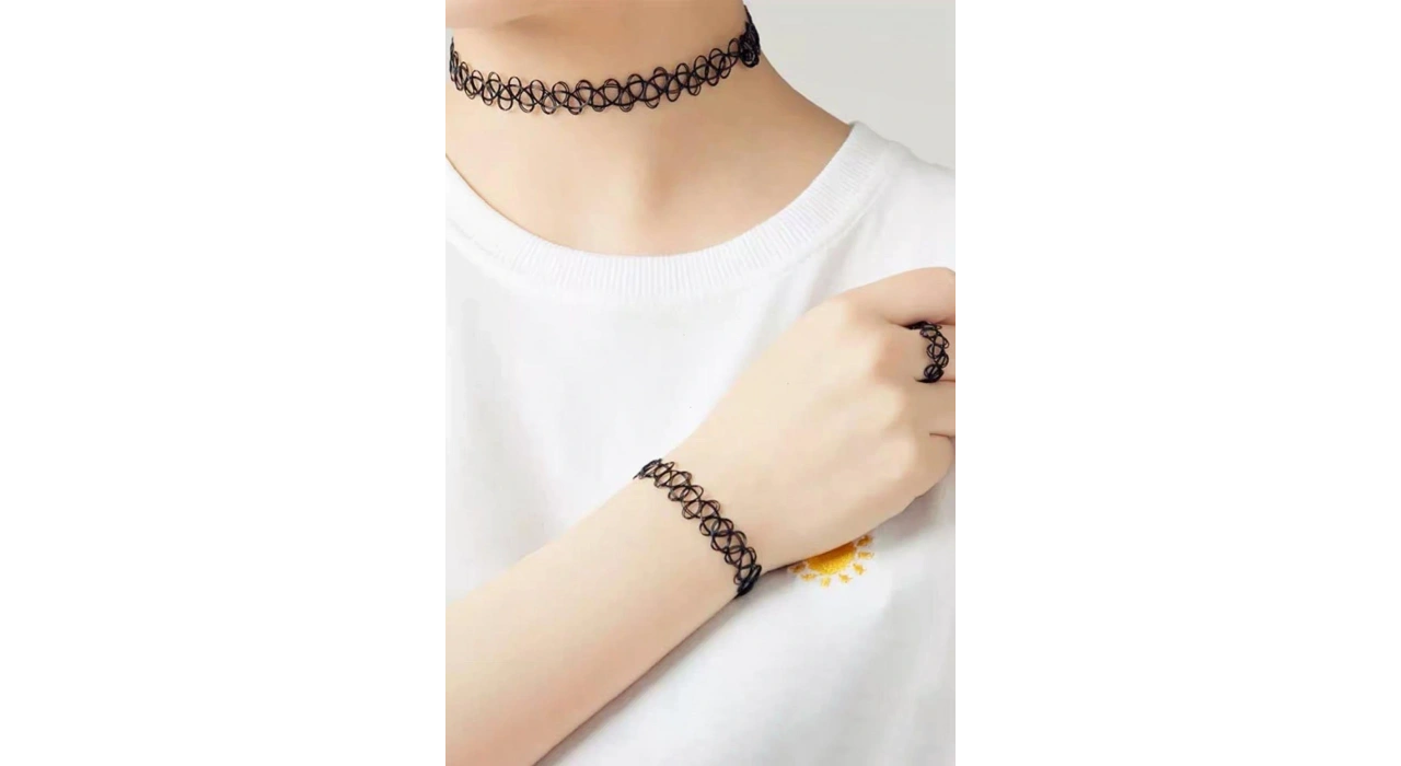 Siyah Renk Elastik Choker Kolye | Bileklik Ve Yüzük Set