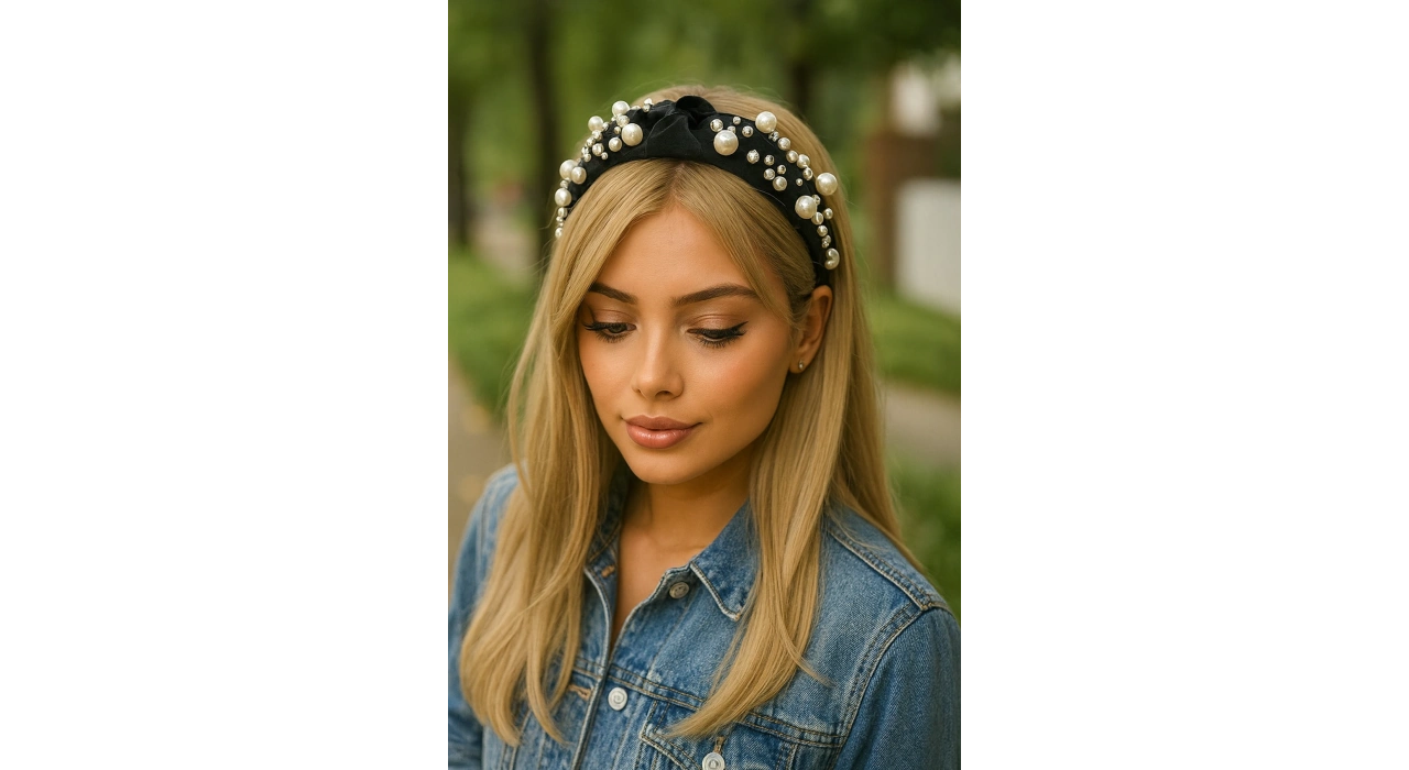 Siyah Renk İnci Detaylı Taşlı Taç