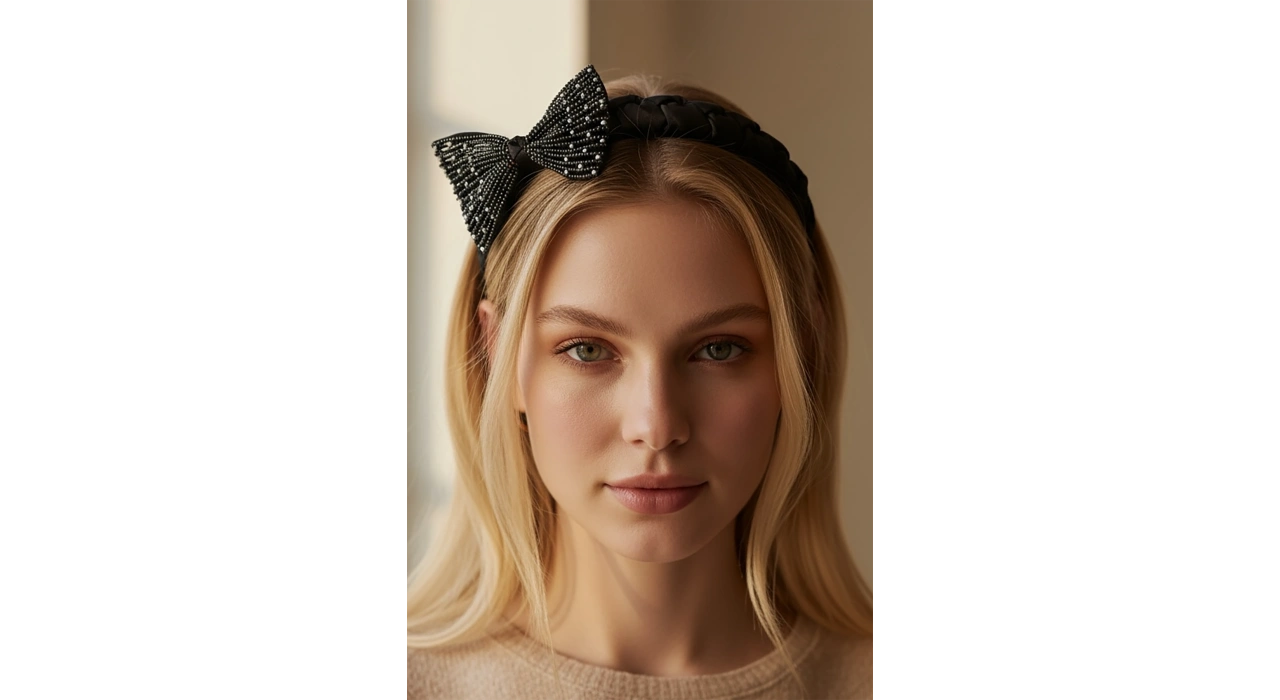 Siyah Renk Kurdele Figürlü Taş Detaylı Taç