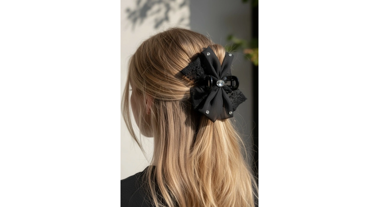 Siyah Renk Taş Detaylı Kurdele Figürlü Mandal Toka