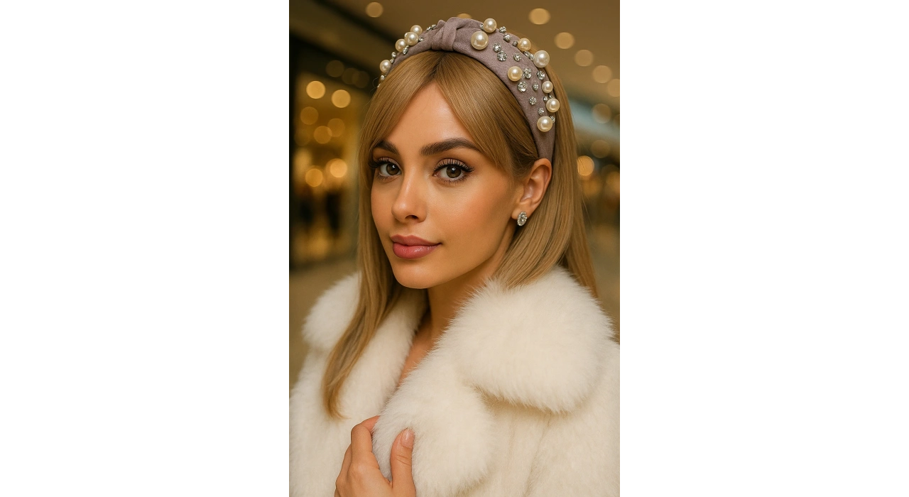 Vizon Renk İnci Detaylı Taşlı Taç