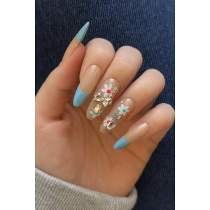 10lu Krem Ve Mavi Renk Çiçek Figürlü Taş Detaylı Takma Tırnak Set (Yapıştırıcılı)