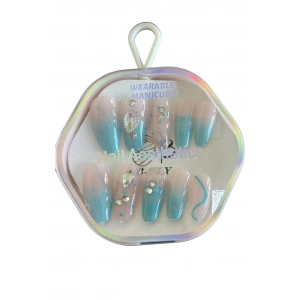 10lu Pembe Ve Mavi Renk Taş Detaylı Takma Tırnak Set (Yapıştırıcılı)