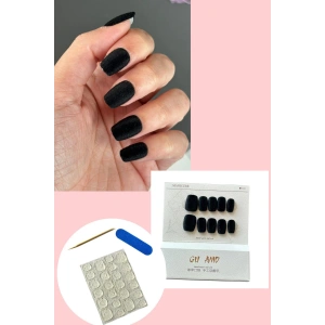 10lu Siyah Renk Kadife Takma Tırnak Set (Yapıştırıcılı)