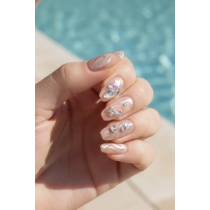 12li Bej Renk Taş Detaylı Takma Tırnak Set (Yapıştırıcılı)