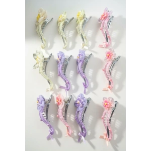 12li Karışık Renk Çiçek Figürlü Pens Toka Set