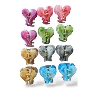 12li Karışık Renk Kalp Figürlü Kemik Mandal Toka Set