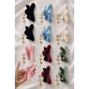 12li Karışık Renk Kelebek Detaylı  Peluş Mandal Toka Set