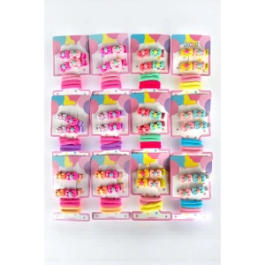 12li Karışık Renk Kurdele Figürlü Lastik Toka Ve Yan Toka Set