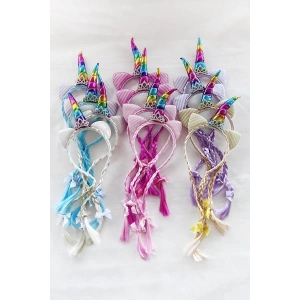 12li Karışık Renk Örgü Detaylı Unicorn Taç