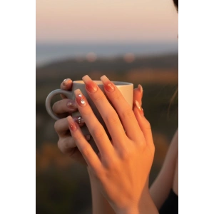 12li Krem Ve Pembe Renk Taş Detaylı Takma Tırnak Set (Yapıştırıcılı)