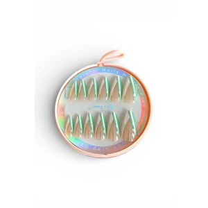 12li Krem Ve Yeşil Renk Jel Görünümlü Takma Tırnak (Yapıştırıcılı)