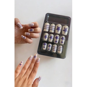 12li Mor Ve Beyaz Renk Yıldız Figürlü Takma Tırnak Seti