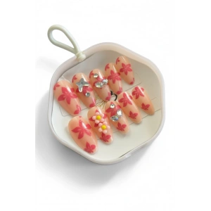 12li Pembe Renk Çiçek Figürlü Takma Tırnak Set (Yapıştırıcılı)