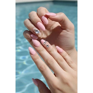 12li Pembe Renk Taş Detaylı Takma Tırnak Set (Yapıştırıcılı)