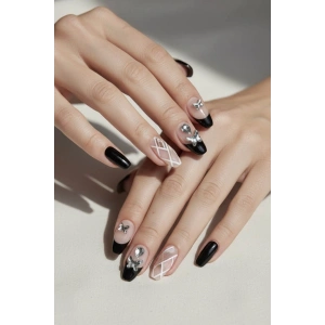 12li Siyah Ve Bej Renk Taş Detaylı Takma Tırnak Set (Yapıştırıcılı)