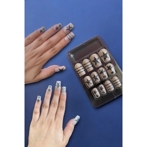 12li Siyah Ve Beyaz Yıldız Figürlü Takma Tırnak Set