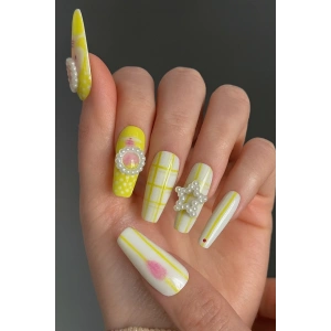 12li Yeşil Renk İnci Detaylı Takma Tırnak Set (Yapıştırıcılı)