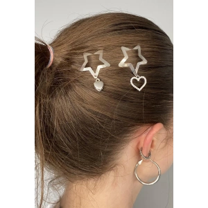 2li Gümüş Renk Yıldız Figürlü Kalp Detaylı Yan Toka Set