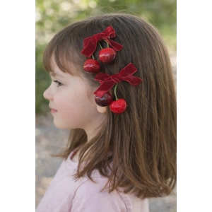 2li Kırmızı Renk Figürlü Kiraz Detaylı Kadife Yan Toka