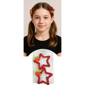 2li Kırmızı Renk Yıldız Figürlü Kiraz Detaylı Yan Toka Set