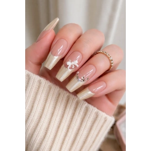 24lü Krem Ve Pudra Renk Takma Tırnak (Yapıştırıcılı)