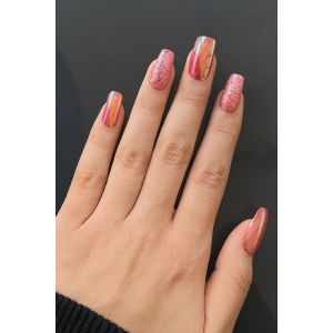 24lü Pembe Renk Simli Ve Hologramlı Takma Tırnak (Yapıştırıcılı)