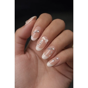 24lü Pudra Ve Beyaz Renk Jel Görünümlü Takma Tırnak (Yapıştırıcılı)