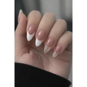 24lü Pudra Ve Beyaz Renk Jel Görünümlü Takma Tırnak (Yapıştırıcılı)