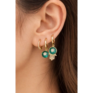 3lü Altın Renk Mavi Taş Detaylı 14K Altın Kaplama TX Küpe