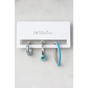 3lü Gümüş Renk Mavi Taş Detaylı 14K Altın Kaplama TX Küpe