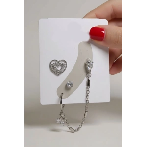 4lü Gümüş Renk Taş Detaylı Küpe Set