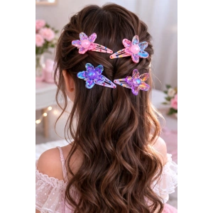 4lü Pembe Ve Mor Renk Çiçek Figürlü Yan Toka