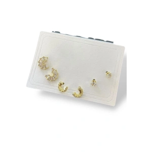 6lı Altın Renk Taş Detaylı 14k Altın Kaplama Küpe Set