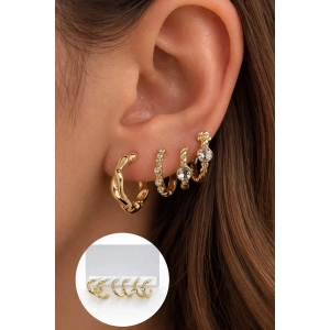 6lı Altın Renk Taş Detaylı Küpe Set