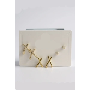 6lı Altın Renk Taş Detaylı Küpe Set