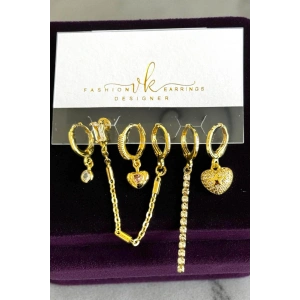 6lı Altın Renk Taş Detaylı Küpe Set